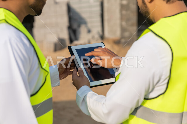 Using a technical tablet in the engineering field, studying the plan on the ground, a youth engineering job, two Arab Gulf Emirati engineers wearing kanduras, jackets and protective helmets, monitoring and following up on construction operations, managing engineering and construction projects using technology.