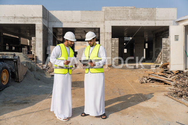 دراسة المخطط والمشروع على ارض الواقع، مهنة ووظيفة هندسية شبابية، مهندسان عربيان خليجيان اماراتيان يرتديان الكندورة والسترة وخوذة الحماية يعملان في القطاع الهندسي في الامارات، مراقبة ومتابعة عمليات البناء، مفهوم ادارة المشاريع الهندسية والانشاءات