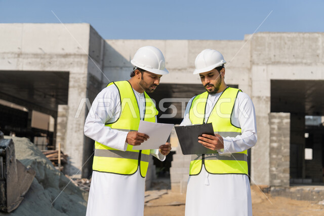 مراقبة ومتابعة عمليات البناء، مفهوم ادارة المشاريع الهندسية والانشاءات، دراسة المخطط والمشروع على ارض الواقع، مهنة ووظيفة هندسية شبابية، مهندسان عربيان خليجيان اماراتيان يرتديان الكندورة والسترة وخوذة الحماية يعملان في القطاع الهندسي في الامارات