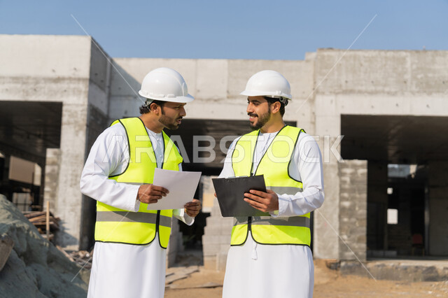 تبادل المعلومات والخبرة، دراسة المخطط والمشروع على ارض الواقع، وظيفة هندسية شبابية، مهندسان عربيان خليجيان اماراتيان يرتديان الكندورة والسترة وخوذة الحماية يعملان في القطاع الهندسي في الامارات، مراقبة ومتابعة عمليات البناء، مفهوم ادارة المشاريع الهندسية والانشاءات