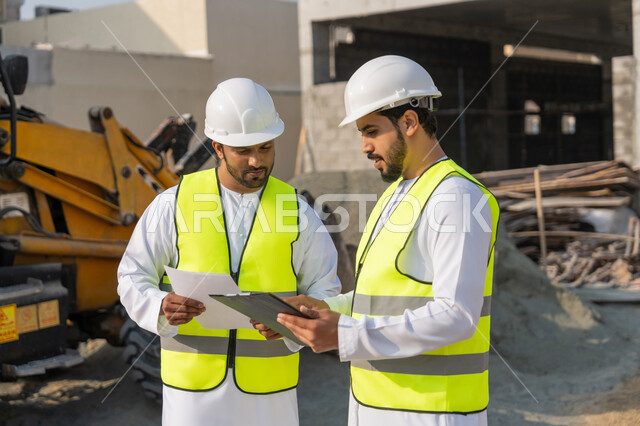تبادل المعلومات والخبرة، دراسة المخطط والمشروع على ارض الواقع، وظيفة هندسية شبابية، مهندسان عربيان خليجيان اماراتيان يرتديان الكندورة والسترة وخوذة الحماية يعملان في القطاع الهندسي في الامارات، مراقبة ومتابعة عمليات البناء، مفهوم ادارة المشاريع الهندسية والانشاءات
