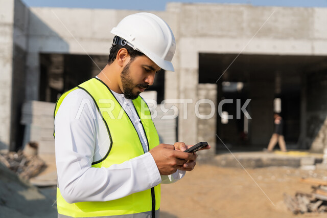 استخدام جهاز تقني تكنولوجي، مهنة هندسية شبابية، مهندس عربي خليجي اماراتي يرتدي الكندورة والسترة والخوذة يمسك الهاتف المحمول، العمل في القطاع الهندسي في الامارات، الاشرف على عمليات البناء، ادارة المشاريع الهندسية والانشاءات، دراسة المخطط والمشروع على ارض الواقع