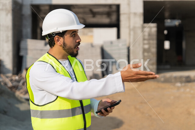 استخدام جهاز تقني تكنولوجي، مهنة هندسية شبابية، مهندس عربي خليجي اماراتي يرتدي الكندورة والسترة والخوذة يمسك الهاتف المحمول، العمل في القطاع الهندسي في الامارات، الاشرف على عمليات البناء، ادارة المشاريع الهندسية والانشاءات، دراسة المخطط والمشروع على ارض الواقع