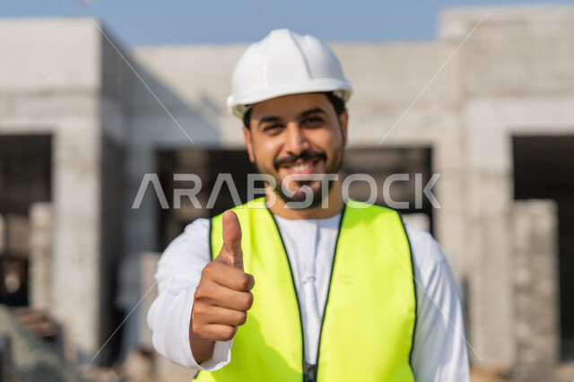 ادارة المشاريع الهندسية والانشاءات، دراسة المخطط والمشروع على ارض الواقع، مهنة ووظيفة هندسية شبابية، مهندس عربي خليجي اماراتي يرتدي الكندورة والسترة يرفع اصبع الابهام بتعابير الاعجاب والرضا، العمل في القطاع الهندسي في الامارات، الاشرف على عمليات البناء