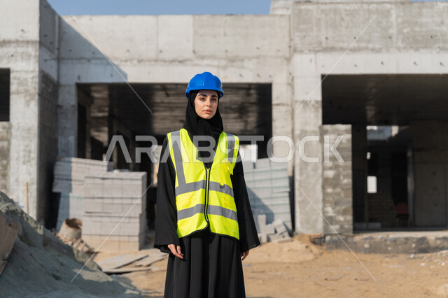 الاشراف على أعمال البناء وصب الخرسانات ووضع الأساسات الأولية، مهنة ووظيفة نسائية، مهندسة عربية خليجية سعودية محجبة ترتدي السترة والخوذة تقوم بمتابعة مبنى قيد الإنشاء والتشييد، مفهوم الهندسة الانشائية والمعمارية، إمرأة اماراتية تقف في موقع البناء
