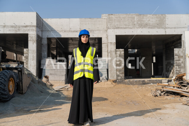 الاشراف على أعمال البناء وصب الخرسانات ووضع الأساسات الأولية، مهنة ووظيفة نسائية، مهندسة عربية خليجية سعودية محجبة ترتدي السترة والخوذة تقوم بمتابعة مبنى قيد الإنشاء والتشييد، مفهوم الهندسة الانشائية والمعمارية، إمرأة اماراتية تقف في موقع البناء