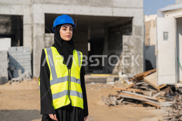 مفهوم الهندسة الانشائية والمعمارية، إمرأة اماراتية تقف في موقع البناء، الاشراف على أعمال البناء وصب الخرسانات ووضع الأساسات الأولية، مهنة ووظيفة نسائية، صورة مقربة لمهندسة عربية خليجية سعودية محجبة ترتدي السترة والخوذة تقوم بمتابعة مبنى قيد الإنشاء والتشييد