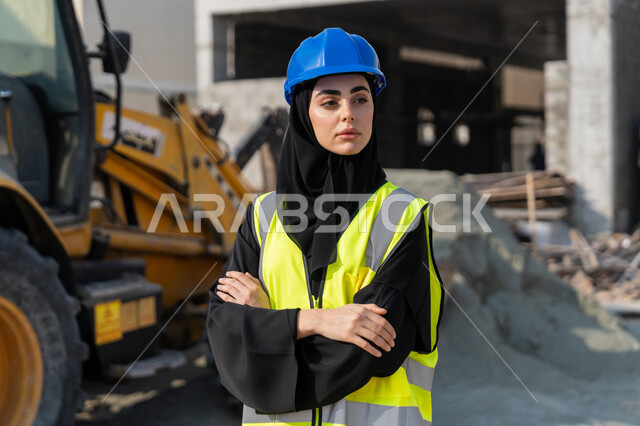 مراقبة أعمال البناء وصب الخرسانات ووضع الأساسات الأولية، مهنة ووظيفة نسائية، مهندسة عربية خليجية سعودية ترتدي السترة والخوذة تقوم بالاشراف على مبنى قيد الإنشاء والتشييد، مفهوم الهندسة الانشائية والمعمارية، إمرأة اماراتية تقف في موقع البناء بأيدي متقاطعة