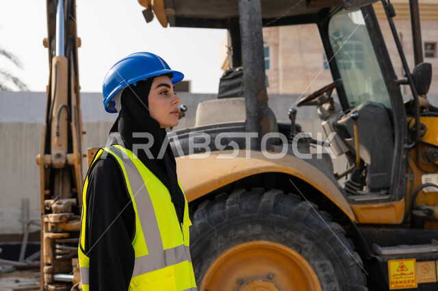 مفهوم الهندسة الانشائية والمعمارية، إمرأة اماراتية تقف في موقع البناء، الاشراف على أعمال البناء وصب الخرسانات ووضع الأساسات الأولية، مهنة ووظيفة نسائية، صورة مقربة لمهندسة عربية خليجية سعودية محجبة ترتدي السترة والخوذة تقوم بمتابعة مبنى قيد الإنشاء والتشييد