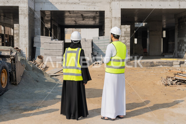 الاشراف والمتابعة على المشاريع الهندسية والانشاءات، دراسة المخطط والمشروع على ارض الواقع، مهنة ووظيفة هندسية، مهندس عربي خليجي اماراتي يرتدي الكندورة والسترة وخوذة الحماية يعمل مع زميلته في القطاع الهندسي في الامارات العربية المتحدة، مراقبة وادارة عمليات البناء