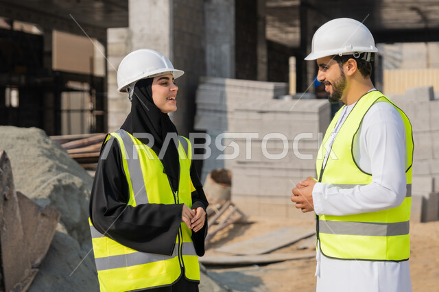 Supervising and following up on engineering and construction projects, studying the plan and the project on the ground, an engineering profession and job, an Arab Gulf Emirati engineer wearing a kandura, jacket and protective helmet working with his colleague in the engineering sector in the United Arab Emirates, monitoring and managing construction operations.