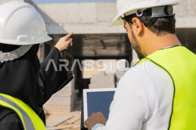 استخدام جهاز التابلت التقني في المجال الهندسي، دراسة المخطط على ارض الواقع، وظيفة ومهنة هندسية، مهندس عربي خليجي اماراتي يرتدي الكندورة والسترة وخوذة الحماية يعمل مع زميلته في القطاع الهندسي في الامارات، ادارة المشاريع الهندسية والانشاءات باستخدام التكنولوجيا
