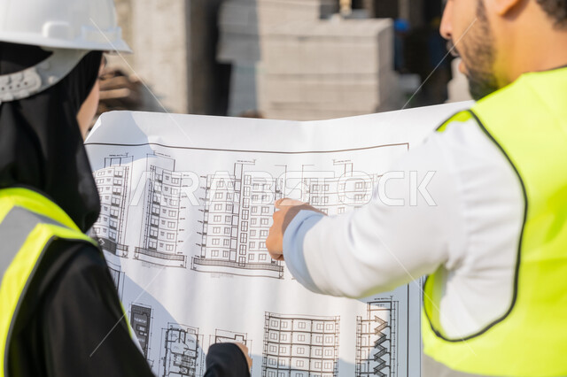 ادارة المشاريع الهندسية والانشاءات، دراسة المخطط والمشروع على ارض الواقع، مهنة ووظيفة هندسية، مهندس عربي خليجي اماراتي يرتدي الكندورة والسترة وخوذة الحماية يعمل مع زميلته في القطاع الهندسي في الامارات العربية المتحدة، مراقبة ومتابعة عمليات البناء