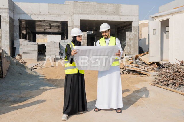 ادارة المشاريع الهندسية والانشاءات، دراسة المخطط والمشروع على ارض الواقع، مهنة ووظيفة هندسية، مهندس عربي خليجي اماراتي يرتدي الكندورة والسترة وخوذة الحماية يعمل مع زميلته في القطاع الهندسي في الامارات العربية المتحدة، مراقبة ومتابعة عمليات البناء