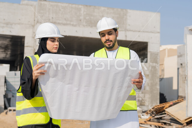 Follow-up and supervision of engineering and construction projects, studying the plan and the project on the ground, an engineering profession and job, an Arab Gulf Emirati engineer wearing a kandura, jacket and protective helmet working with his colleague in the engineering sector in the United Arab Emirates, monitoring and managing construction operations.