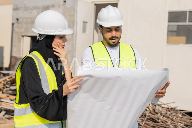 المتابعة والاشراف على المشاريع الهندسية والانشاءات، دراسة المخطط والمشروع على ارض الواقع، مهنة ووظيفة هندسية، مهندس عربي خليجي اماراتي يرتدي الكندورة والسترة وخوذة الحماية يعمل مع زميلته في القطاع الهندسي في الامارات العربية المتحدة، مراقبة وادارة عمليات البناء