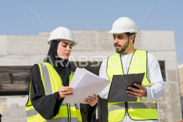 Follow-up and supervision of engineering and construction projects, studying the plan and the project on the ground, an engineering profession and job, an Arab Gulf Emirati engineer wearing a kandura, jacket and protective helmet working with his colleague in the engineering sector in the United Arab Emirates, monitoring and managing construction operations.