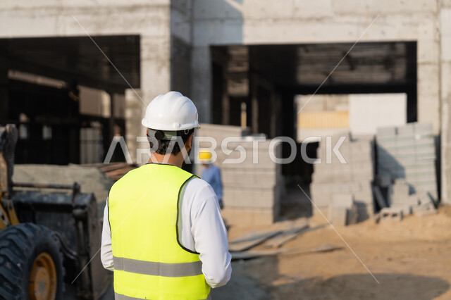 مفهوم ادارة المشاريع الهندسية والانشاءات، دراسة المخطط والمشروع على ارض الواقع، مهنة ووظيفة هندسية شبابية، مهندس عربي خليجي اماراتي يرتدي الكندورة والسترة وخوذة الحماية يعمل في القطاع الهندسي في الامارات العربية المتحدة، الاشرف على عمليات البناء