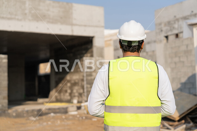 مهنة ووظيفة هندسية شبابية، مهندس عربي خليجي اماراتي يرتدي الكندورة والسترة وخوذة الحماية يعمل في القطاع الهندسي في الامارات العربية المتحدة، الاشرف على عمليات البناء، مفهوم ادارة المشاريع الهندسية والانشاءات، دراسة المخطط والمشروع على ارض الواقع