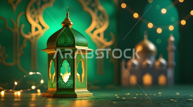 Decorative metal lantern, the joy of the coming of the holy month of Ramadan, the spiritual atmosphere of Ramadan, a distinctive traditional masterpiece and accessory, the occasion and the Islamic religious holiday