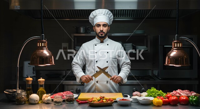  العمل في مطابخ ومطاعم المملكة العربية السعودية، احتراف مهنة وفنون الطبخ، طباخ عربي خليجي سعودي يرتدي زي الطهاة يعمل في المطبخ يمسك بيديه السكين، النظر إلى الكاميرا بتعابير السعادة والسرور، الفن في إعداد وتقديم الأصناف المتنوعة