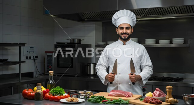 احتراف مهنة وفنون الطبخ، طباخ عربي خليجي سعودي يرتدي زي الطهاة يعمل في المطبخ يمسك بيديه السكين، النظر إلى الكاميرا بتعابير السعادة والسرور، الفن في إعداد وتقديم الأصناف المتنوعة، العمل في مطابخ ومطاعم المملكة العربية السعودية