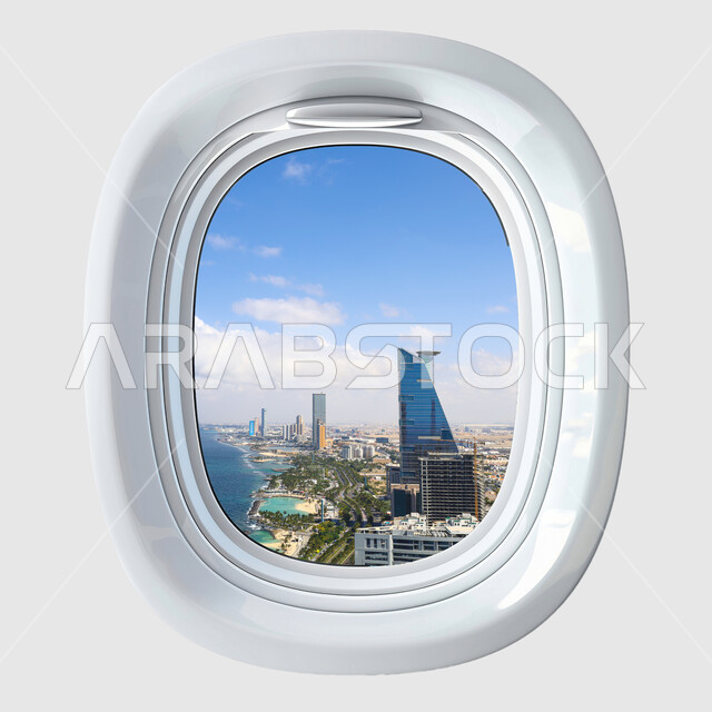 الفن الهندسي المعماري للمباني السكنية والأبراج في المملكة العربية السعودية, صورة من نافذة الطائرة مطلة على برج هيد كوارترز في مدينة جدة، فندق ومنتجع سياحي مشهور، مفهوم السياحة والسفر والتنقل