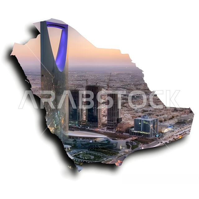 برج المملكة في العاصمة الرياض داخل خريطة المملكة العربية السعودية، التطور والتقدم العمراني، معلم سياحي مشهور، الفن الهندسي للابراج وناطحات السحاب ف العاصمة، خلفية بيضاء