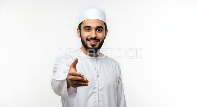  التعبير عن الترحيب والاستقبال بسرور وبشاشة، إلقاء التحية والسلام, بورتريه مقرب لرجل عربي خليجي اماراتي مبتسم يرتدي الكندورة والقبعة البيضاء يمد يده بايماءات البدء بالمصافحة, خلفية بيضاء