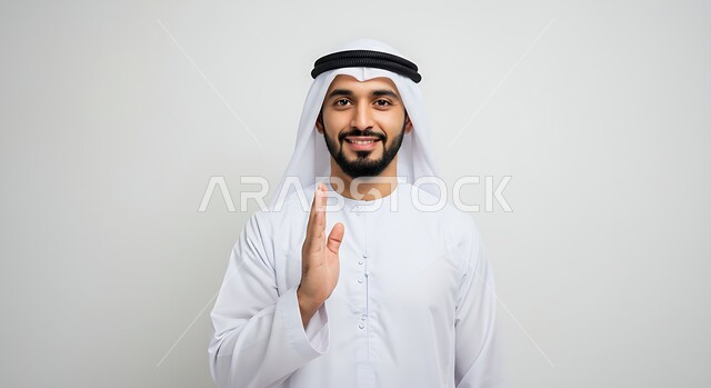 إلقاء التحية والسلام, التعبير عن الترحيب بسرور وبشاشة, بورتريه مقرب لرجل عربي خليجي اماراتي مبتسم يرتدي الكندورة والغترة يرفع يده بايماءات السعادة, خلفية بيضاء