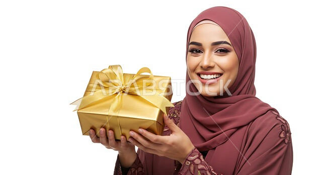 Celebration and gift giving, holidays and happy occasions, close up portrait of a Saudi Arabian Gulf woman wearing hijab and abaya holding a gift box wrapped in gold with gestures of happiness and pleasure, concept of femininity and softness, white background