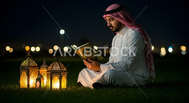 الاجتهاد في العبادة واداء الفرائض الدينية، تلاوة وحفظ المصحف الشريف في الاجواء الرمضانية الروحانية، رجل عربي سعودي خليجي يرتدي الثوب التقليدي والشماغ يقرأ القرآن الكريم، الجلوس  بجانب الفوانيس المضيئة في الهواء الطلق في الليل، التقرب الى الله في شهر رمضان المبارك