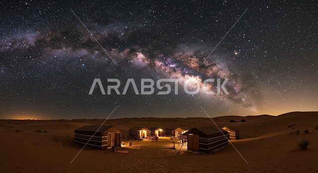 كشتة و جلسة بر شبابية في المناطق البرية، الاستمتاع بنيران الحطب المشتعلة، التخييم في صحاري المملكة العربية السعودية، مجموعة خيم بدوية شعبية وسط الصحراء في الليل، منظر مجرة درب التبانة والنجوم اللامعة في السماء
