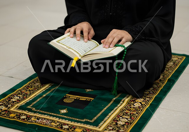 قراءة كتاب الله تعالى, إيماءات الخشوع و الإجتهاد في العباده, بورتريه مقرب لأيدي امرأة عربية سعودية خليجية ترتدي العباءة السوداء تمسك بيدها السبحة والقرآن الكريم تجلس على سجادة الصلاه, التقرب الى رب العالمين في شهر رمضان المبارك، خلفية رمادية