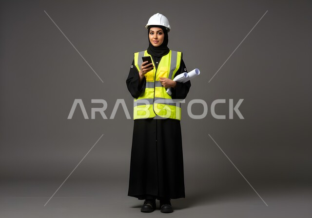  استخدام التقنية والتكنولوجيا في الحياة العملية, عمل النساء في القطاع الهندسي, بورتريه لشابة مهندسة عربية خليجية سعودية محجبة ترتدي سترة الحماية والخوذة تمسك مخطط الإعمار والهاتف المحمول, إدارة المشاريع الهندسية عن بعد, الجسم بالطول الكامل, خلفية رمادية