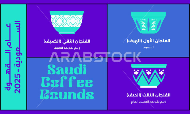 شرح أنواع فناجين القهوة، رسم توضيحي لعام القهوة السعودي 2025، اتباع العادات والتقاليد السعودية، مفهوم الاصالة والتراث، منتج محلي وطني اصيل، خلفية بنفسجية