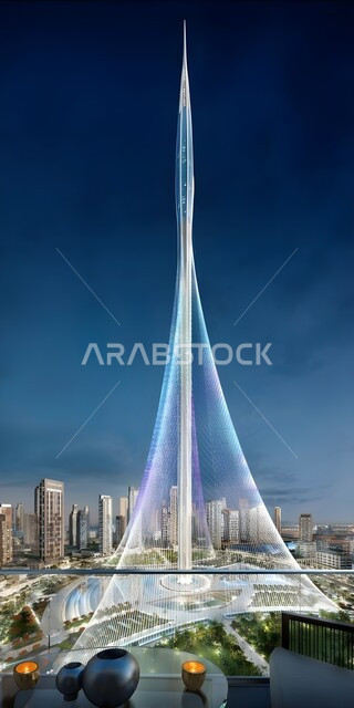 Construction project for the tallest tower in the Emirate of Dubai, Dubai Creek Harbour Tower, a tourist landmark under construction in the United Arab Emirates, UAE Vision 2031, architectural art of towers and skyscrapers