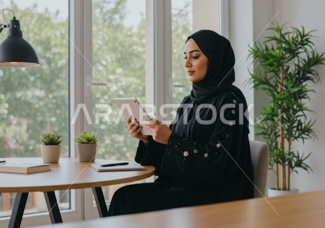 بيئة العمل المريحة في الشركات السعودية، مهنة ووظيفة مكتبية نسائية, ايماءات التركز في إنجاز المهام, إدارة وتنظيم الأعمال, امرأة عربية خليجية سعودية محجبة تستخدم جهاز التابليت 