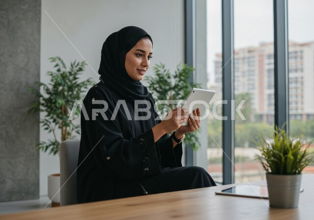 مهنة ووظيفة مكتبية نسائية, ايماءات التركز في إنجاز المهام, إدارة وتنظيم الأعمال, امرأة عربية خليجية سعودية محجبة تستخدم جهاز التابليت، بيئة العمل المريحة في الشركات السعودية