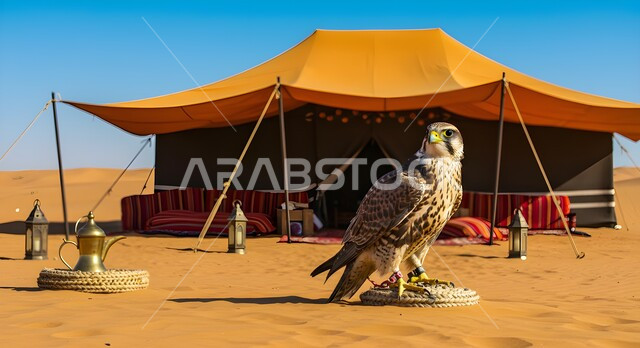 كشتة وجلسة بر في الصحراء في النهار، تدريب وترويض الطيور الجارحة والمفترسة، إقامة نادي الصقور في موسم الصيد السنوي، الفخر بالتراث السعودي العريق في تربية الطيور الجارحة، طائر الصقر امام خيمة تقليدية شعبية في إحدى المحميات الطبيعية