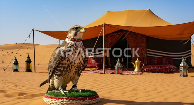  طائر الصقر امام خيمة تقليدية شعبية في إحدى المحميات الطبيعية، كشتة وجلسة بر في الصحراء في النهار، تدريب وترويض الطيور الجارحة والمفترسة، إقامة نادي الصقور في موسم الصيد السنوي، الفخر بالتراث السعودي العريق في تربية الطيور الجارحة