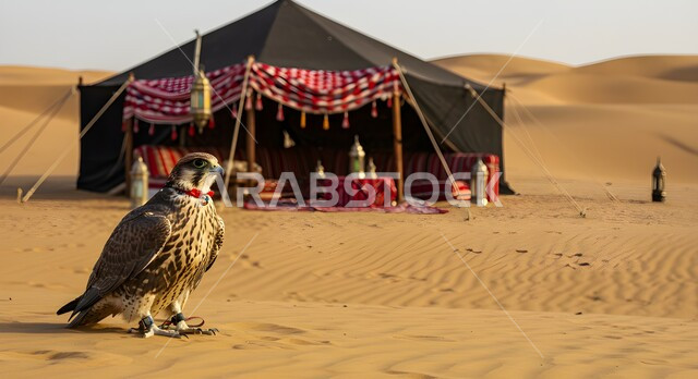  تدريب وترويض الطيور الجارحة والمفترسة، إقامة نادي الصقور في موسم الصيد السنوي، الفخر بالتراث السعودي العريق في تربية الطيور الجارحة، طائر الصقر امام خيمة تقليدية شعبية في إحدى المحميات الطبيعية، كشتة وجلسة بر في الصحراء في النهار