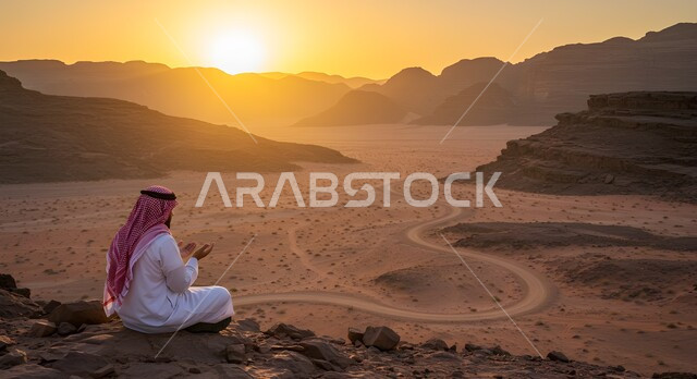 Enjoying the scenery in Saudi Arabia, sunset over the terrain and sand dunes in the desert areas, the concept of isolation and loneliness, supplication and asking for forgiveness and wishing, an Arab Gulf man wearing the traditional dress and shemagh sitting in the middle of the desert raising his hands and supplicating to God Almighty