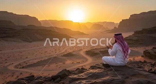 غروب الشمس فوق التضاريس والكثبان الرملية بالمناطق الصحراوية، مفهوم العزلة والوحدة، الدعاء وطلب المغفرة والتمني، رجل عربي خليجي يرتدي الثوب التقليدي والشماغ يجلس وسط الصحراء يرفع يديه ويدعو الى الله تعالى، الاستمتاع بالمناظر الطبيعيه في المملكة العربية السعودية
