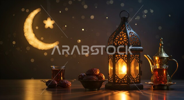 Ramadan Iftar, Hospitality of the Month of Goodness, Accessories and Decorations for Holidays and Occasions, Traditional Decorated Metal Lantern Glowing Next to a Bowl Filled with Dates and a Cup of Tea, The Atmosphere of the Holy Month, Traditional Islamic Lanterns and Artifacts to Celebrate the Coming of Religious Occasions, Local National Product