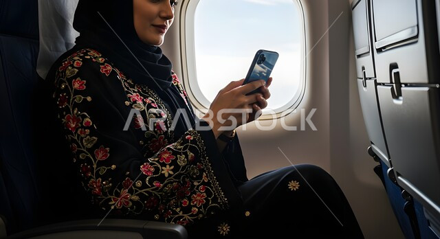 Entertainment using a modern advanced technical device, browsing the internet and social media, a close-up photo of a Saudi Arabian Gulf girl wearing an embroidered abaya sitting in front of an airplane window holding a mobile phone, a tourist flight