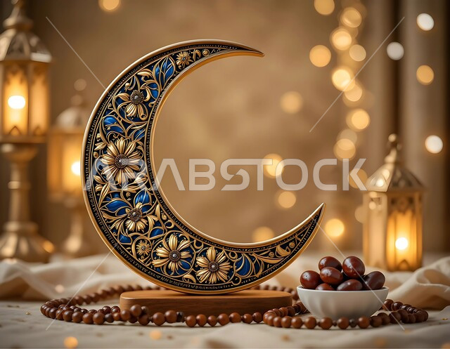 مجسم هلال ذهبي منقوش بجانب وعاء مليء بالتمر، أجواء الشهر الفضيل، فوانيس و تحف اسلامية تقليدية للاحتفال بقدوم المناسبات الدينية, منتج محلي وطني، افطار الصائم في رمضان, ضيافة شهر الخير، اكسسوارات وزينة الأعياد والمناسبات