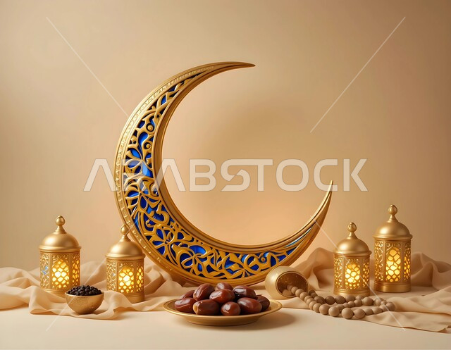 أجواء الشهر الفضيل، فوانيس و تحف اسلامية تقليدية للاحتفال بقدوم المناسبات الدينية, منتج محلي وطني، افطار الصائم في رمضان, ضيافة شهر الخير، اكسسوارات وزينة الأعياد والمناسبات، مجسم هلال ذهبي منقوش بجانب وعاء مليء بالتمر