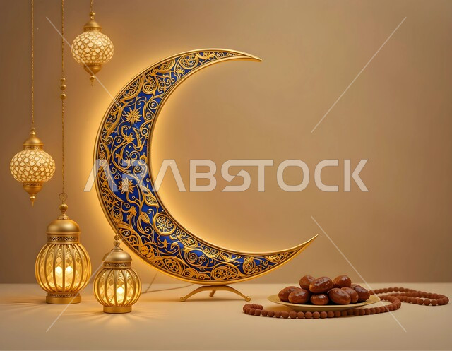 مجسم هلال ذهبي منقوش بجانب وعاء مليء بالتمر، أجواء الشهر الفضيل، فوانيس و تحف اسلامية تقليدية للاحتفال بقدوم المناسبات الدينية, منتج محلي وطني، افطار الصائم في رمضان, ضيافة شهر الخير، اكسسوارات وزينة الأعياد والمناسبات