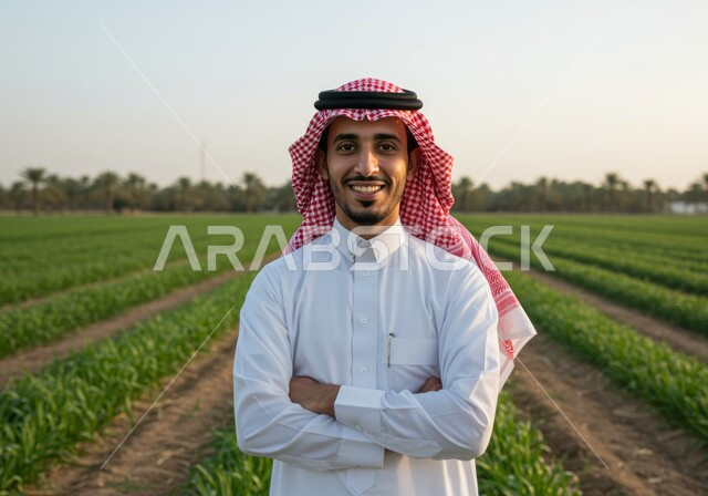  حقل زراعي اخضر في النهار، النظر الى الكاميرا بتعابير السرور والسعادة، مفهوم الاكتفاء الذاتي، صورة مقربة لرجل عربي خليجي سعودي مبتسم يرتدي الشماغ والثوب التقليدي يقف بأيدي متقاطعة بايماءات الثقة بالنفس والرجولة، خلفية الطبيعة